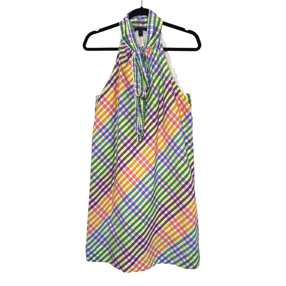 J.Crew Rainbow Gingham Halter Dress Tie Neck Sleeveless Size‎ 12 vacation preppy